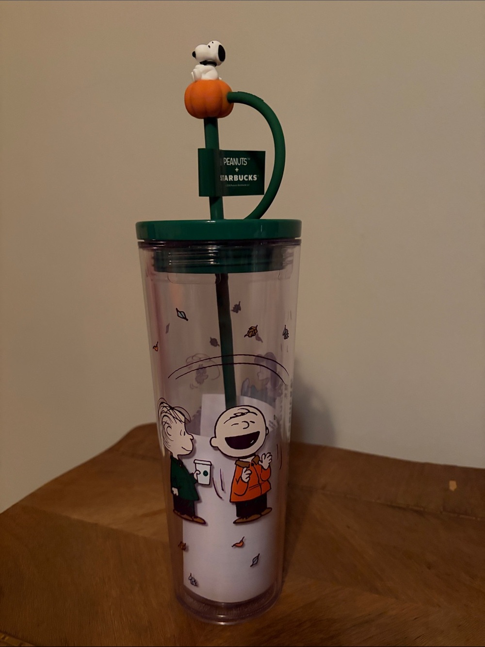 Starbucks Peanuts Green Travel Tumbler with Snoopy Topper- brand new